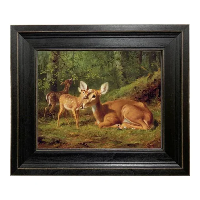 “Doe and Twin Fawns” Contemporary Reproduction Print on Canvas by Arthur Fitzwilliam Tait, Framed 11-1/2″ X 13-1/2″