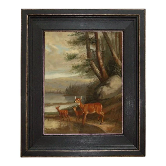 “Doe With Two Fawns” Contemporary Reproduction Print on Canvas, Framed 11.5″ X 13.5″