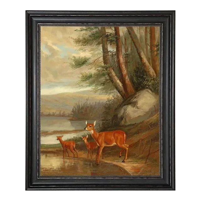 “Doe With Two Fawns” Contemporary Reproduction Print on Canvas, Framed 28-3/4″ X 34-3/4″