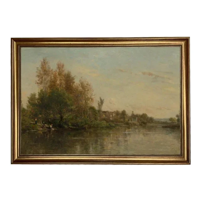“On the Banks of the River” Contemporary Landscape Reproduction Print on Canvas, Framed 33.5 X22.5