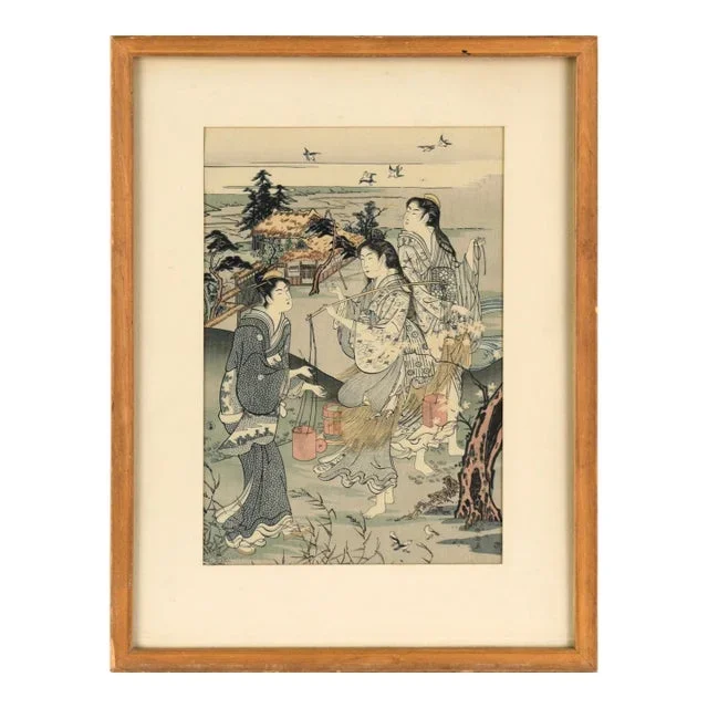 “Plovers at Tamagawa” From “Six Jewel Rivers” – Woodblock Print on Paper by Kubo Shunman