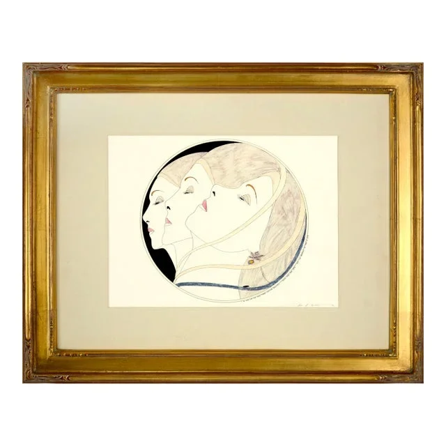 “Three Ribbon Heads”, Art Deco Hand Colored Lithograph by John Luke Eastman 1984