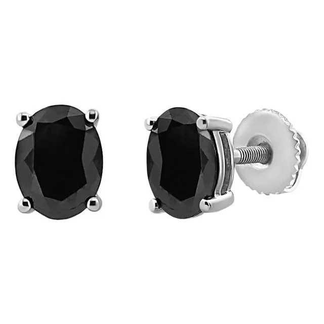 .925 Sterling Silver 1.0 Cttw Prong Set Treated Black Oval Diamond Stud Earring (Black Color, I2-I3 Clarity) – 2 Pieces