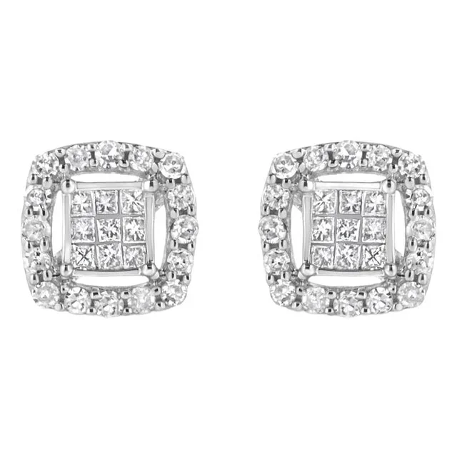 .925 Sterling Silver 1/2 Cttw Round and Princess-Cut Diamond Stud Earrings (I-J Color, I1-I2 Clarity) – 2 Pieces