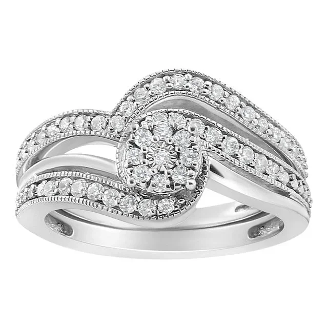 .925 Sterling Silver 1/3ct Cttw Multi-Diamond Bypass Vintage-Style Bridal Set Ring and Band (I-J Color, I3 Clarity) – Size 11