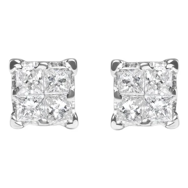 .925 Sterling Silver 1/4 Cttw Invisible Set Princess Diamond Composite Quad Stud Earrings (I-J Color, I1-I2 Clarity)