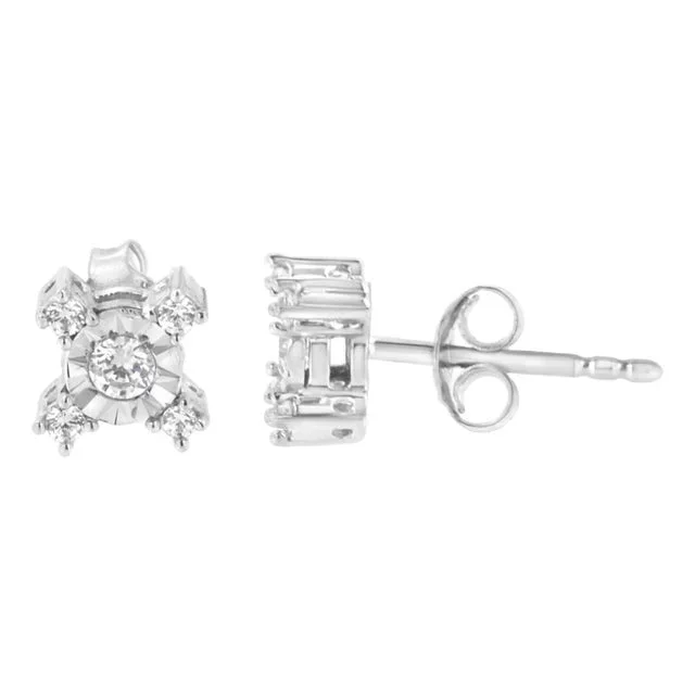.925 Sterling Silver 1/4 Cttw Miracle Plate Set Round and Princess-Cut Diamond “X” Shaped Stud Earrings