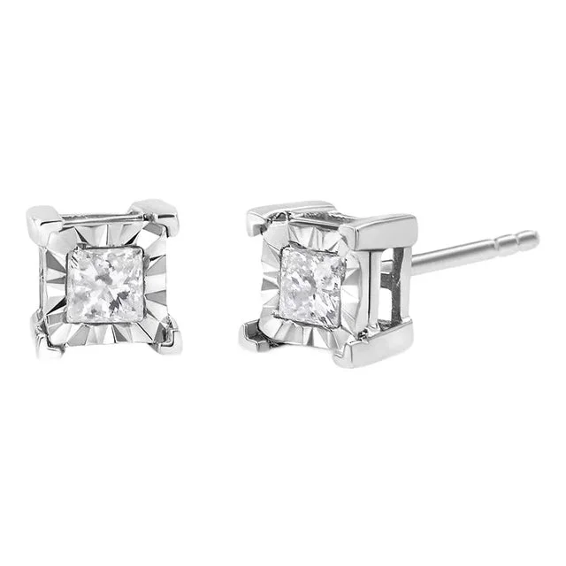 .925 Sterling Silver 1/4 Cttw Miracle Set Princess-cut Diamond Solitaire Stud Earrings (H-I Color, I1-I2 Clarity) – 2 Pieces