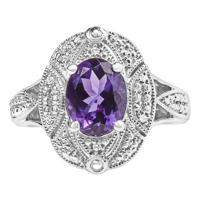 .925 Sterling Silver 9x7mm Oval Purple Amethyst and Diamond Accent Art Deco Style Cocktail Ring (I-J Color, I1-I2 Clarity) – Size 7