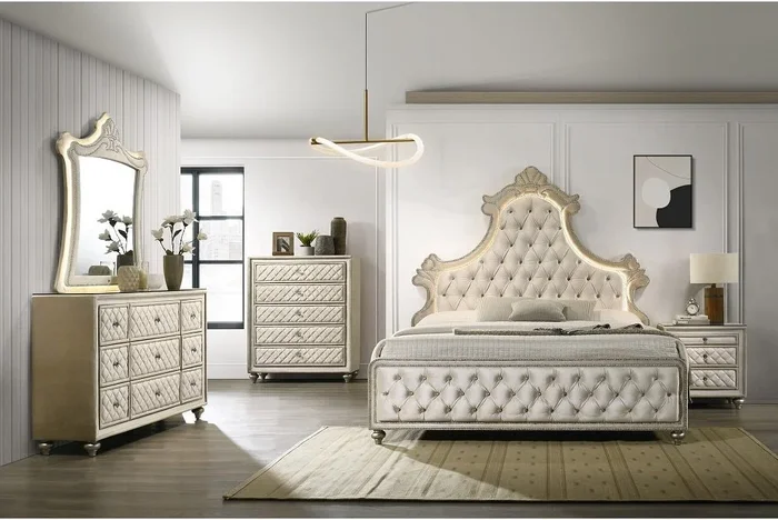 ACME 4 Pieces Lucienne Beige Velvet Queen Bed w/ LED Set Model BD02335Q-4PC