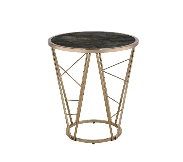 ACME Cicatrix Faux Black Marble Glass & Champagne Finish End Table Model 83302