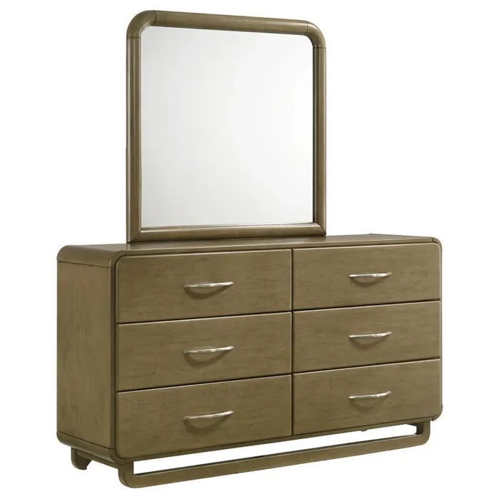 Amsbury 6-Drawer Dresser and Mirror Set in Nutmeg Finish with Rounded Corners, Matte Nickel Hardware, Smooth Metal Glides, and Hardwood Build