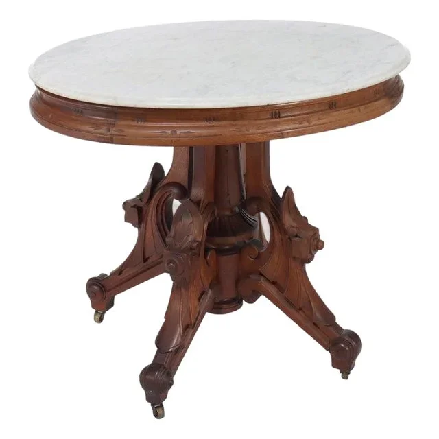 Antique Berkey & Gay Renaissance Revival Carved Walnut Marble Top Table C1880