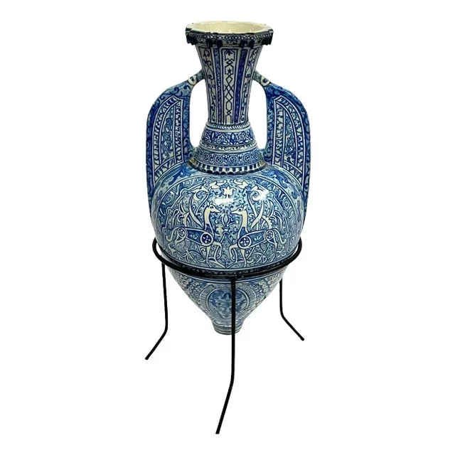 Antique Blue and White Ceramic Alhambra Vase and Iron Stand