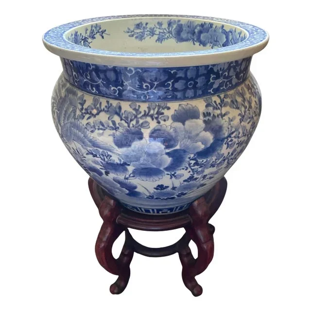 Antique Blue and White Chinese Planter on Wood Stand, 19th Century