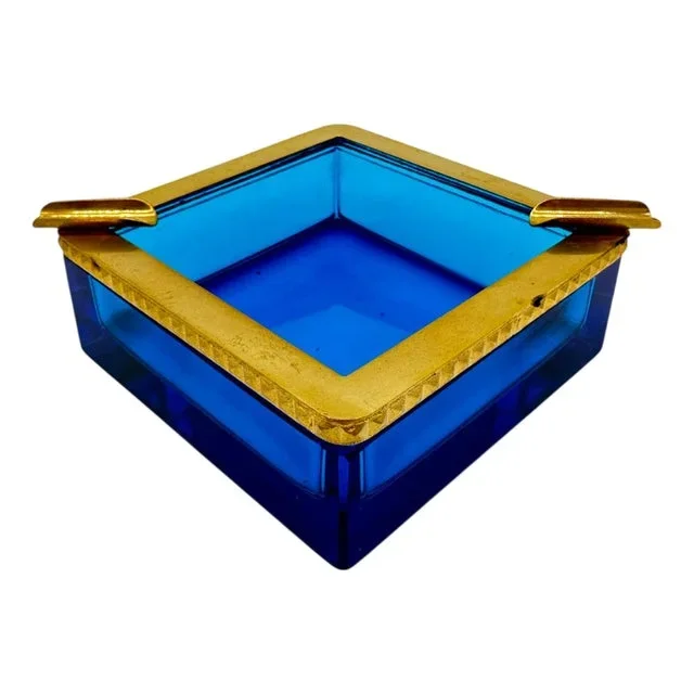 Antique Bohemian Blue Sapphire Crystal Ashtray, 1920s