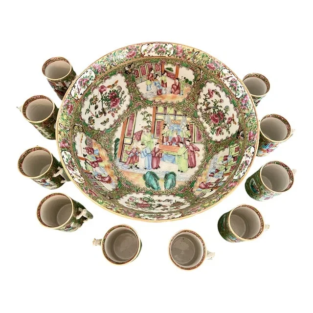 Antique Chinese Rose Medallion Punch Bowl and Cups Set- 11 Pieces