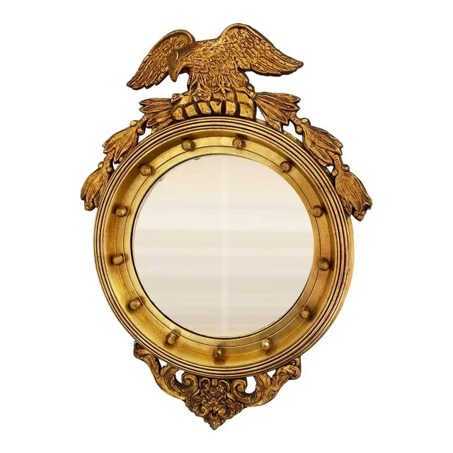 Antique Colonial Eagle Gold Mirror – Federal Style Convex Wall Mirror, Gilded Wood, Americana Decor