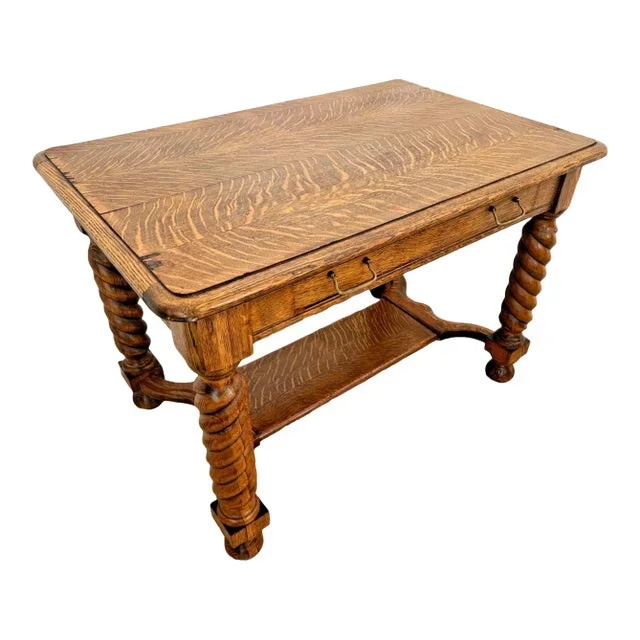 Antique Desk Barley Twist Legs, Drawer, Tiger Oak, Bottom Shelf, American Empire