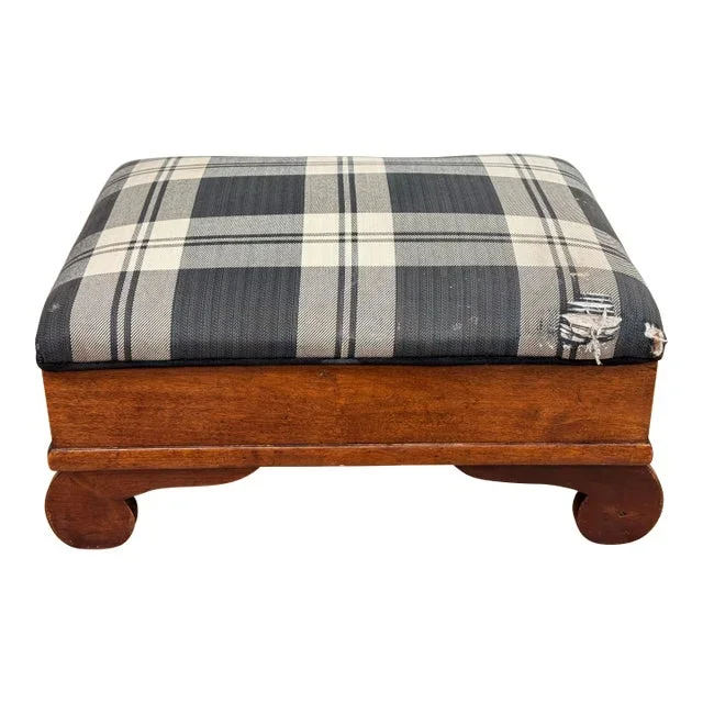 Antique Early American Storage Foot Stool With Plaid Upholstery