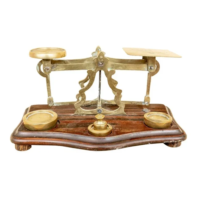 Antique English Brass and Oak Postal Scale on Wood Base