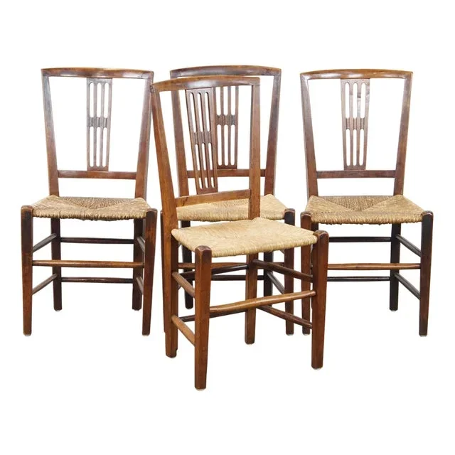 Antique English Dining Room Chairs with Wicker Seats, Set of 4