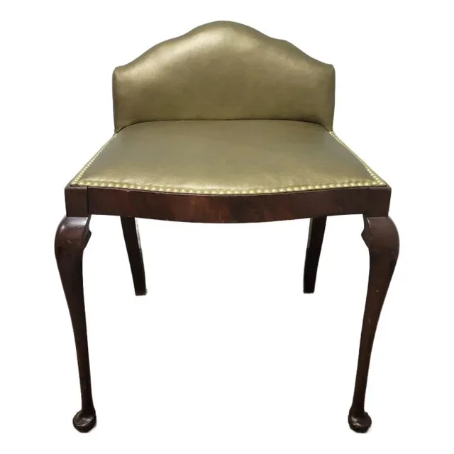 Antique English Edwardian Mahogany and Kid Leather Vanity Bench