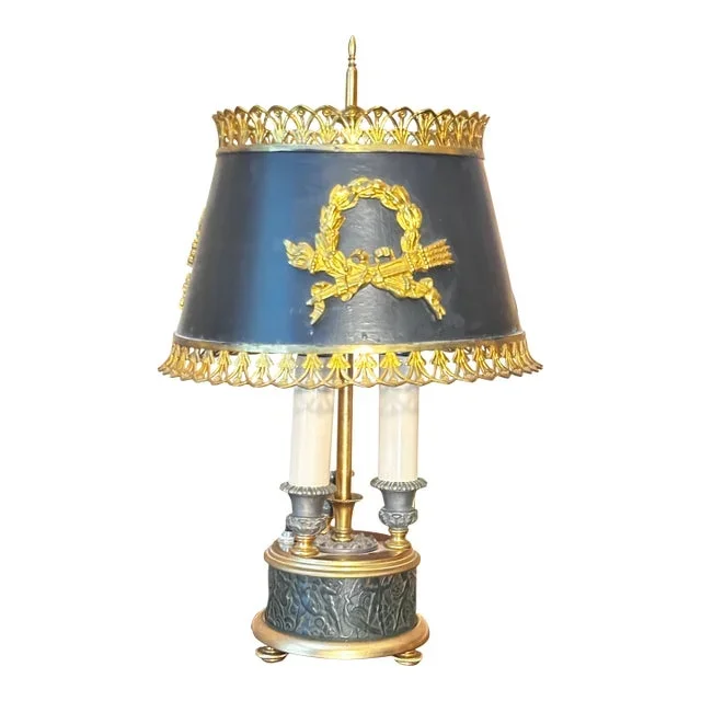 Antique French Bronze Buoillote Lamp With Tole Shade
