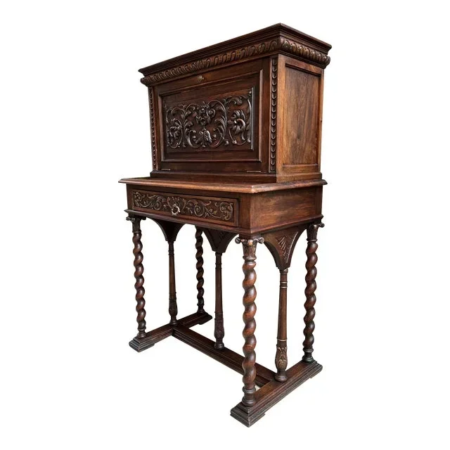 Antique French Carved Secretary Petite Writing Desk Barley Twist Louis XIII C1890