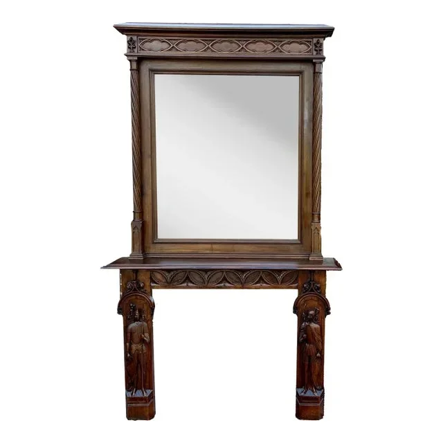 Antique French Fireplace Mantel Mirror Figural Carved Walnut C. 1880s
