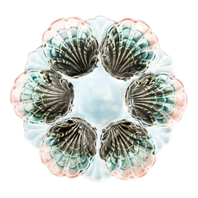 Antique French Fives Lille Majolica Turquoise Oyster Plate