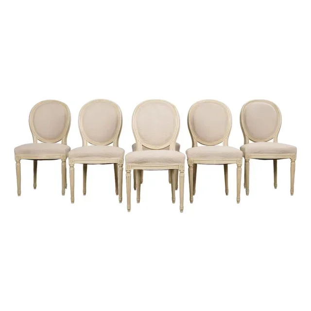 Antique French Louis XVI Style Painted Dining Chairs W/ Cream Fabric – Set of 6