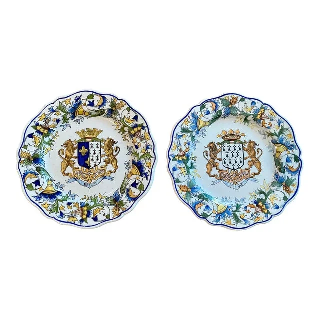Antique French Quimper Porquier Beau Faience Armorial Plates- Set of 2