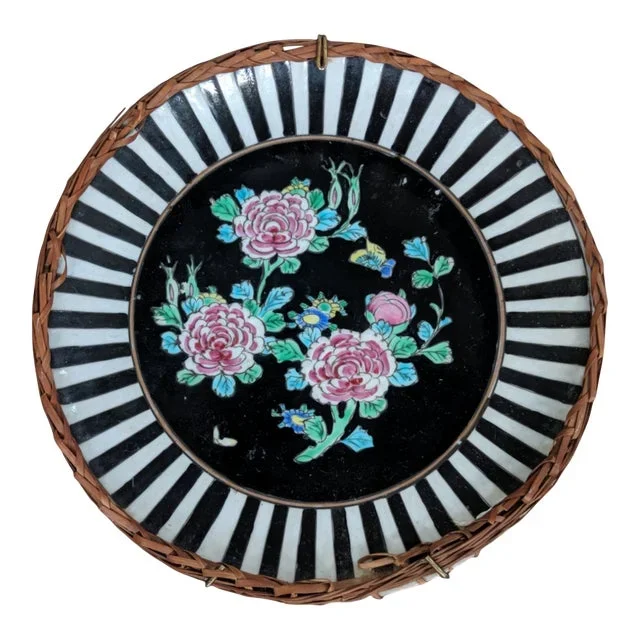 Antique Hand Painted Black and White Striped Floral Porcelain Plate Wrapped in Wicker