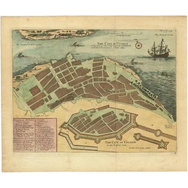 Antique Handcolored Plan of Cochin, India, 1744