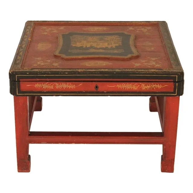 Antique Late 19th Century Chinese Red Lacquer Game Table