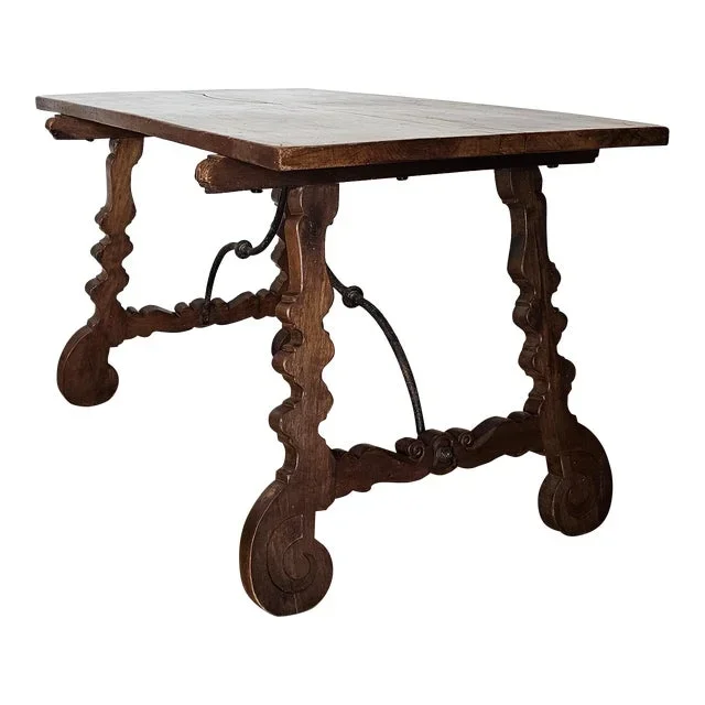 Antique Mediterranean Baroque Revival Walnut Iron Ox Yoke Trestle Table