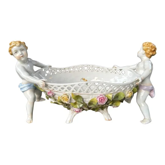 Antique Porcelain Floral Decorated Serving Compote Dish Held by Figural Cherubs