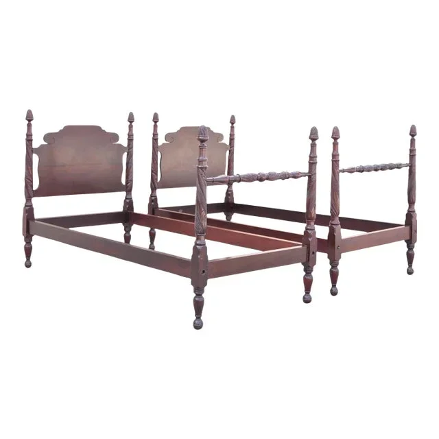 Antique Sheraton Federal Carved Mahogany Acorn Finial Twin Bed by Richter – Pair