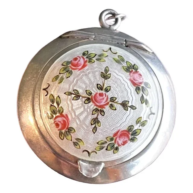 Antique Silver Enamel Compact Locket With Roses and Mirror, Birmingham 1916