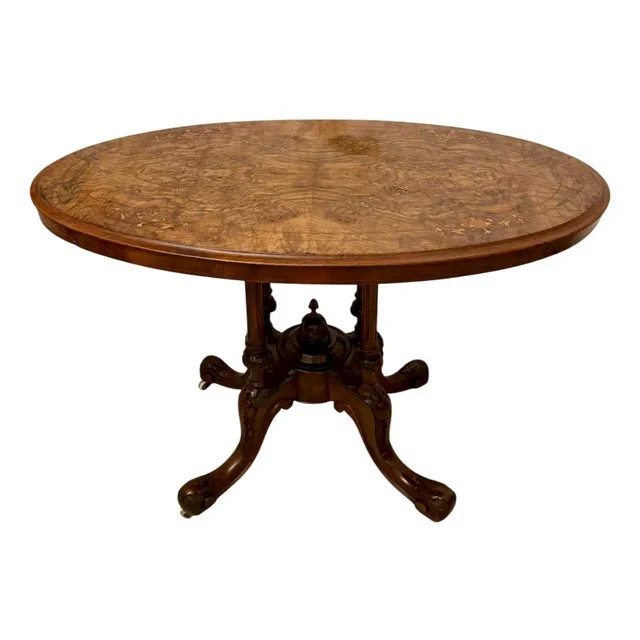 Antique Victorian Burr Walnut Inlaid Oval Lamp Table, 1860s