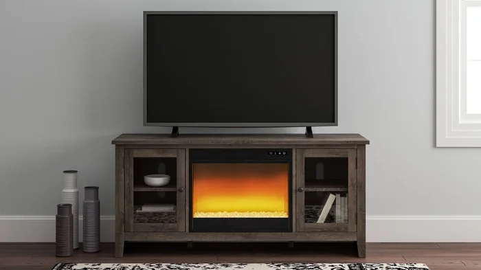 Arlenbry – Gray – Lg Tv Stand With Glass/stone Fireplace Insert