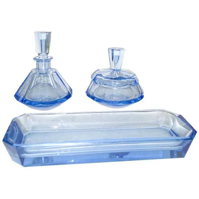 Art Deco Blue Crystal Dressing Table Set, Set of 4