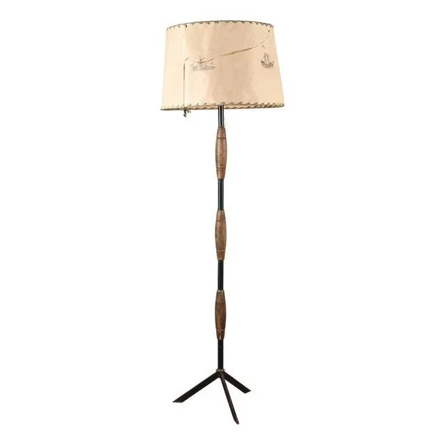 Art Deco Floor Lamp with Parchment Paper Lampshade and Painted Boats in the Style of Stilnovo