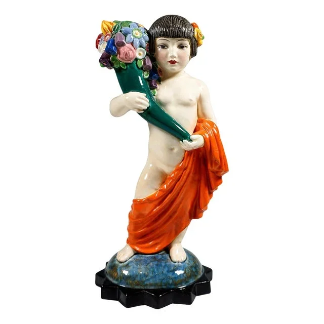 Art Deco Japanese Girl with Cornucopia Figurine by Rudolf Podany for Keramos, Vienna, Austria, 1920s