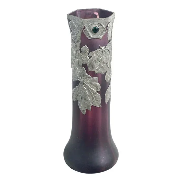 Art Nouveau Blown Glass and Metal Vase, 1910s