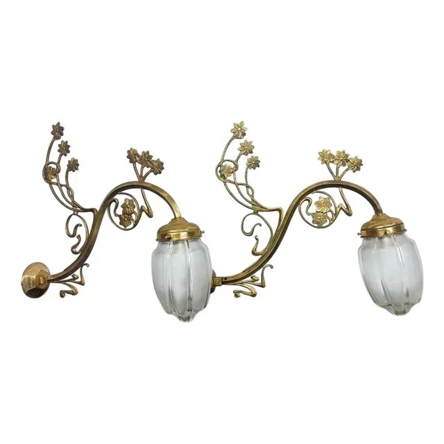Art Nouveau Brass Wall Sconce with Floral Details and 2-Tone Glass Shade