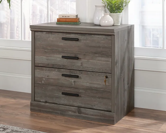 Aspen Post Lateral File Cabinet in Pebble Pine – 2 Drawers for Legal, Letter, Euro Files, Locking System, 1″” Top, Safety Interlock, T-Lock Assembly