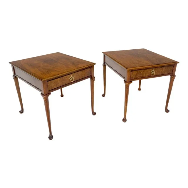 Baker Burl Wood Walnut Brass Drop Ring Pulls One Drawer Nightstands End Tables