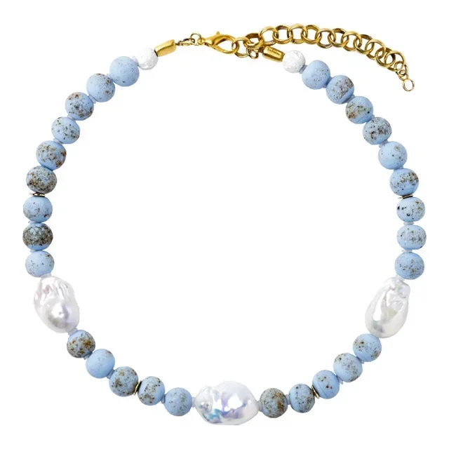 Baroque Pearl & Blue Ceramic Bead Necklace